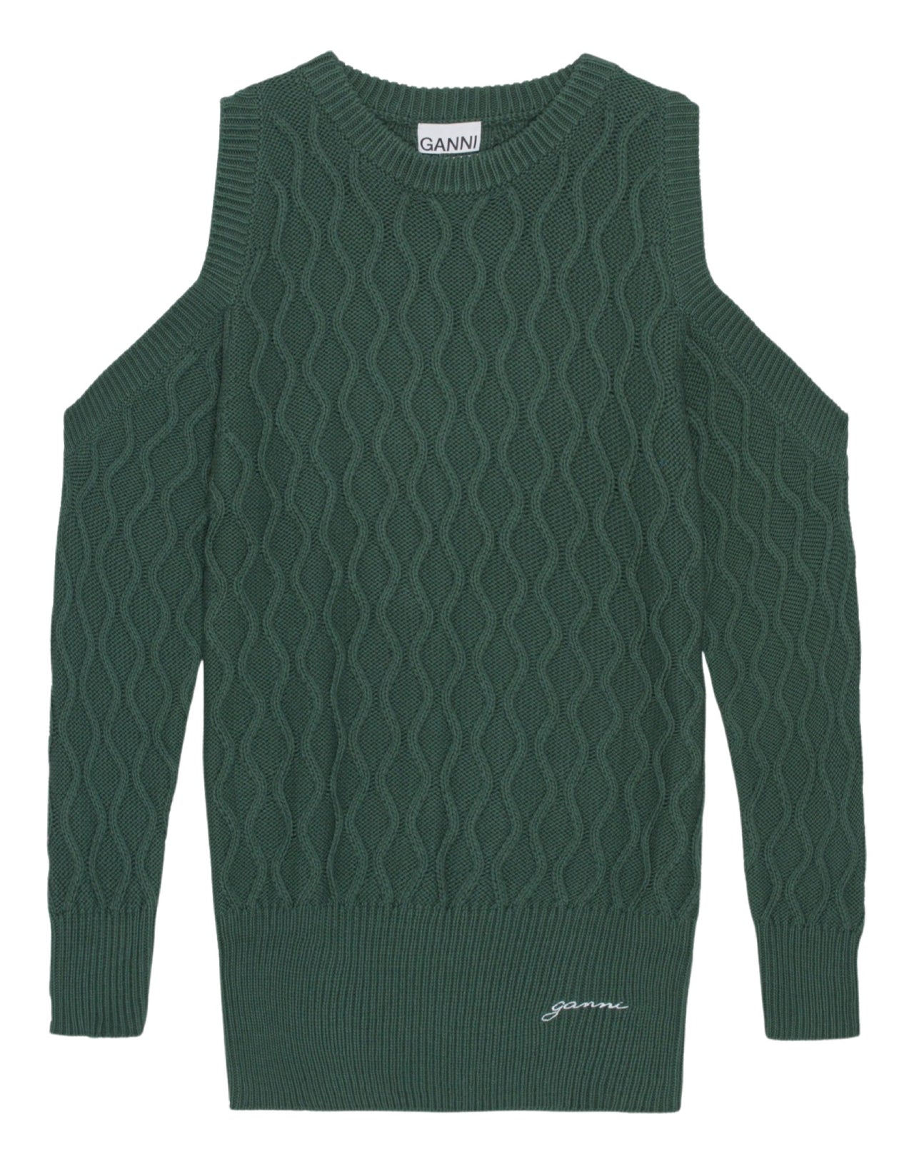 GANNI Vestito spalle open cotone verde bottiglia
